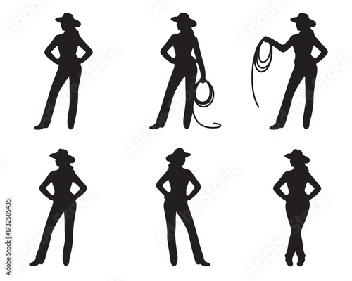 Cowgirl silhouette vector set featuring various poses with lasso isolated on white background
