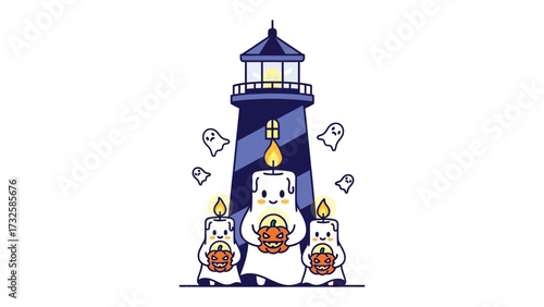 Spooky Lighthouse: The eerie illustration depicts a lighthouse casting light, surrounded by cheerful ghostly entities holding miniature pumpkin containers.