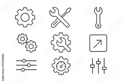Settings and tools line icon set. Gear, cog, wrench, and sliders vector collection. UI UX design elements. Configuration, maintenance, repair, and control panel symbols.