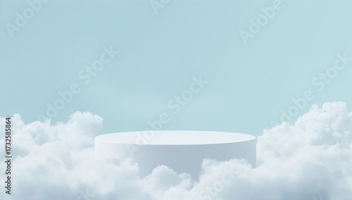 The serene image captures a minimalist design with a white cylindrical podium rising from soft, fluffy clouds against a pale blue sky.