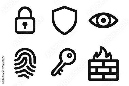 Security icon set. Data protection and privacy symbols. Minimalist outline vector icons for cybersecurity. Lock, shield, firewall, fingerprint, key, and eye for access.
