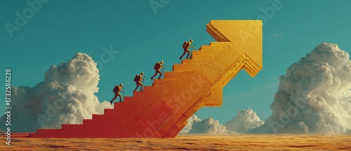 Surreal Image of Team Climbing a Bright Yellow Staircase with Arrow in a Dreamlike Sky