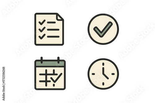 Task management icon set for productivity apps and tools. Minimalist vector illustration with checklist, calendar, clock, and check mark symbols for effective project planning.