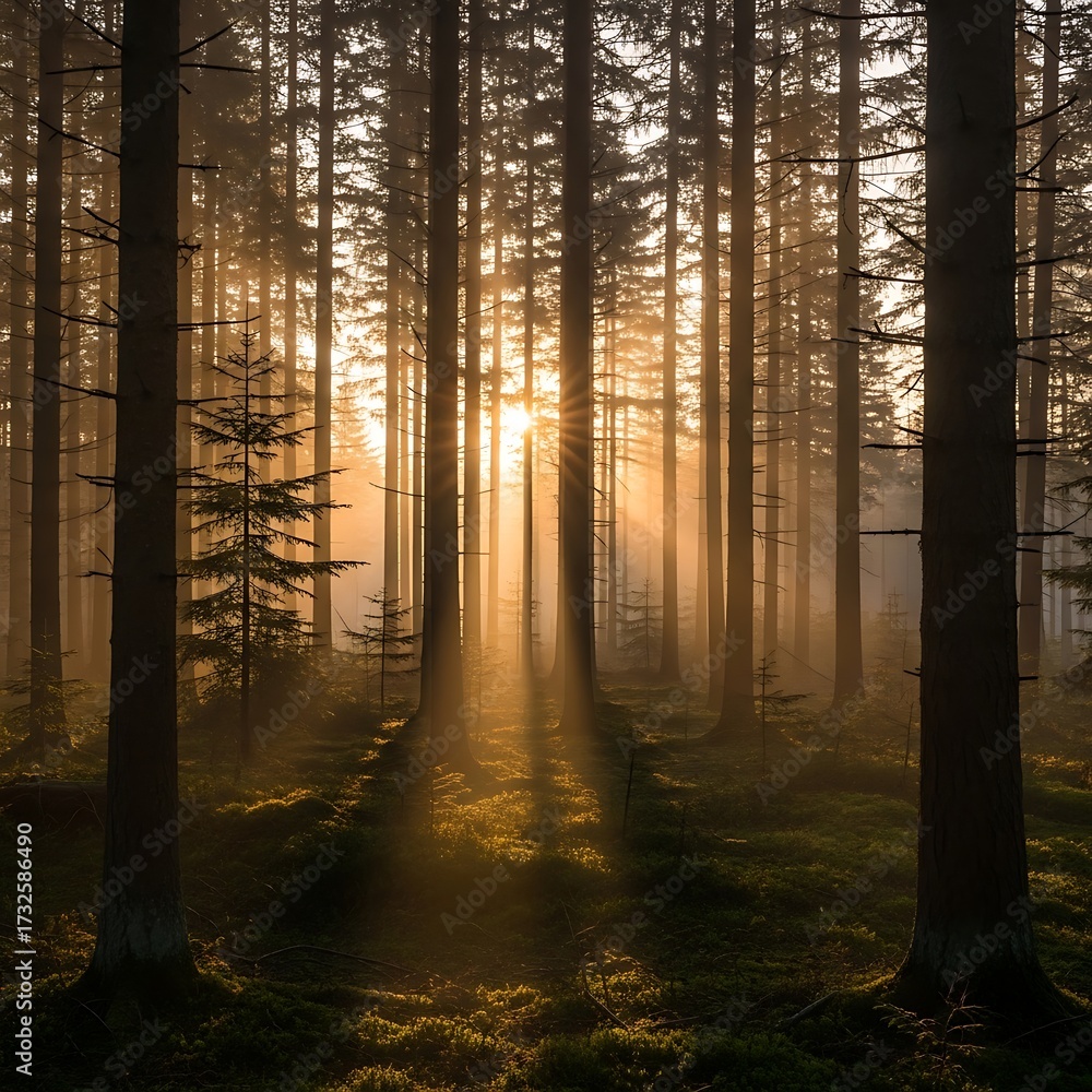Obraz premium Golden sunlight streams through a misty coniferous forest, illuminating the forest floor with warm hues.