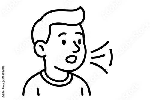 Person speaking icon with sound waves, linear style cartoon vector illustration, communication concept, transparent background, speech and voice symbol, talking human figure