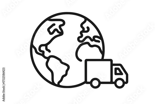 Minimalistic Planet Earth with Delivery Truck Icon, Global Shipping and Logistics Concept, Thin Line Vector Illustration for Web Design, Apps, Social Media, Banners, Cards