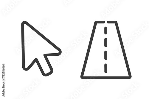 Vector pointer icon and road icon in linear style, cartoon illustration set with transparent background, navigation arrows, map symbols, travel and direction elements, user interface design