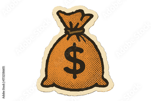 Vintage Retro Halftone Money Bag Sticker, Torn Paper Collage with Dotted Texture, 90s Style Vector Cartoon Illustration, Retro Finance Icon, Currency Symbol Design