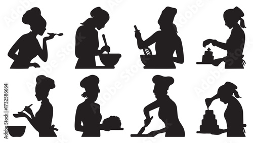 Set of chef silhouettes preparing food vector illustration of cooking and baking isolated on white background