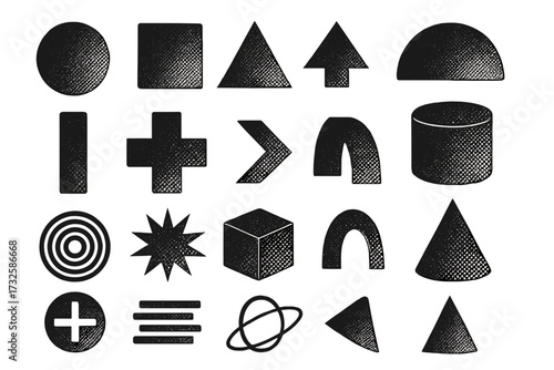 Retro futuristic minimalistic brutalism silhouettes of basic geometric shapes and extraordinary graphic elements with dotted halftone texture, modern abstract composition