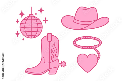 Set of wild west cowgirl accessories and attributes in bright pink, including disco ball, cowboy boots with flame design, wide-brimmed hat, and heart lasso, fashionable Barbiecore contour style