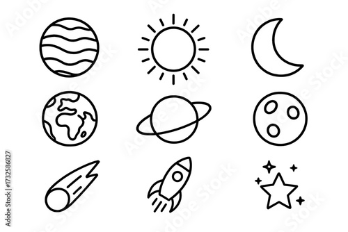 Set of Cosmos and Space Line Icons with Planets, Sun, Moon, Rocket, Comet, Stars, and Saturn Rings for Graphic Design, Web, Apps, Advertisements, and Digital Projects