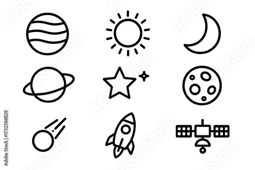 Set of Cosmos Related Line Icons with Planet, Sun, Moon, Star, Rocket, Satellite, Meteor Symbols for Graphic Design, Web, Apps, Advertisements, Cards, Vector Illustration