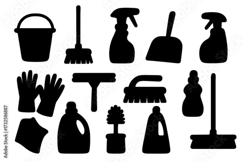 Silhouette set of household cleaning tools icons for chores and sanitation, vector cartoon illustration with bucket, gloves, mop, spray bottles, brush, sponge, detergent, squeegee, dustpan