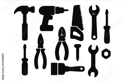 Silhouette icons of essential construction and repair tools, including hammer, drill, saw, wrench, pliers, screwdriver, paintbrush, nail, and nut, vector set