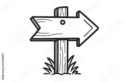 Wooden arrow signpost pointing right, direction symbol with wood texture and grass base, vector illustration on transparent background, guidance, navigation, success concept design