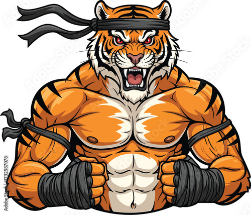 Fierce muscular tiger warrior with headband and bandages