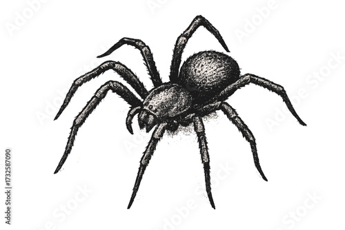 Realistic spider Halloween clipart with halftone dotted vintage texture, 90s grunge style vector illustration, spooky insect design, dark creepy arachnid cartoon
