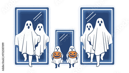 Ghostly Gathering: A spectral scene unfolds as whimsical ghosts and grinning jack-o'-lanterns emerge from their reflective abodes, ready for a night of Halloween delight.