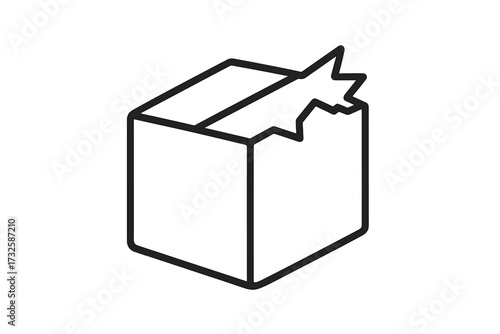Thin line icon of broken box, damaged package vector illustration, shipping defect symbol, parcel with torn flap, transparent background, concept for apps and graphics, editable stroke