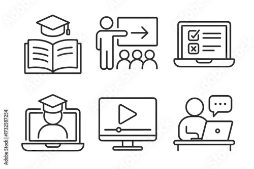 Training and education web icons in line style, seminar, online test, webinar, course, distance learning vector illustration with transparent background, e-learning symbols set