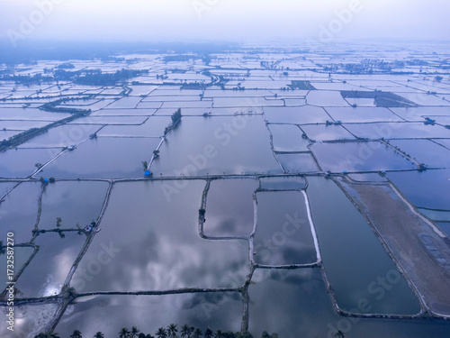 Flooded rice paddies from an aerial perspective creating geometric patterns.  The Muhuri Project is Bangladesh's second-largest irrigation project. Aerial View of Farm Ponds and Coastal Landscape