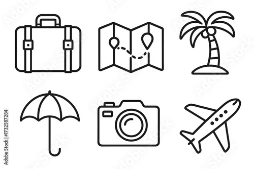 Travel icons set linear style with suitcase, map, palm tree, umbrella, camera, airplane, vector cartoon illustration transparent background, ordered collection for vacation and tourism