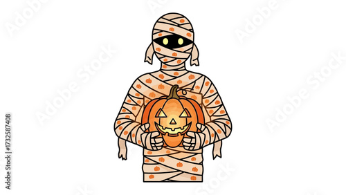 Spooky Mummy with Pumpkin: A creatively rendered Halloween mummy figure cradling a carved pumpkin. Expressing the spirit of spooky season and All Hallows' Eve.