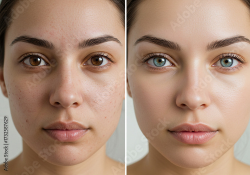 Stunning before and after skin transformation reveals flawless complexion and vibrant eyes, perfect for beauty and cosmetic advertising campaigns.