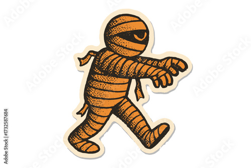 Vintage walking mummy Halloween sticker, dotted halftone mixed media collage, retro 90s zine style cartoon illustration, spooky wrapped bandage character vector