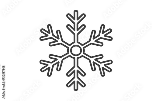 Simple black and white outline snowflake icon vector illustration, winter decoration, festive frosty pattern, transparent background, seasonal holiday design, geometric crystal shape