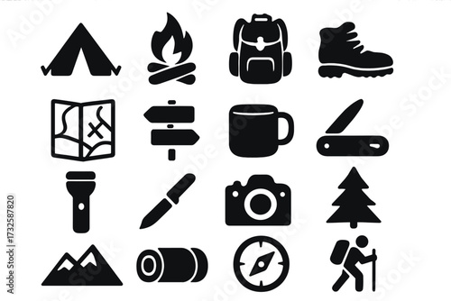 Outdoor adventure icons camping essentials and hiking supplies silhouette set, backpacking equipment, mountain and forest symbols, map, compass, campfire, tent vector illustration
