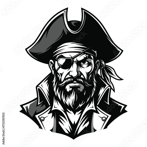 Fierce pirate captain portrait with eyepatch and beard iconic seafaring adventure character silhouette