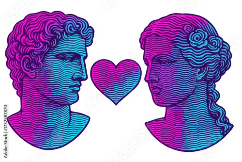 Vaporwave love concept with antique Greek statues. Roman goddess and god couple with a heart. Retro futuristic linear pattern for a Valentine's day. Cyberpunk y2k sculpture.