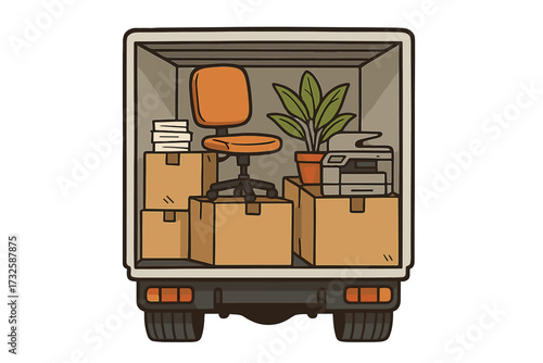 We’ve moved hand lettering concept with office furniture and equipment in moving truck. Back view of white truck loaded with cardboard boxes, office chair, plant, printer, and documents.