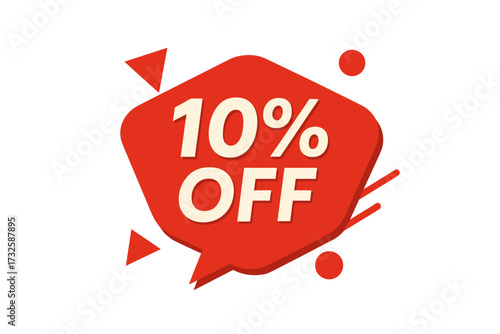 Special offer red geometric trendy bubble with 10% OFF sale discount. Modern retro red tag design, price label, promotional sticker, vector illustration, sale promotion badge