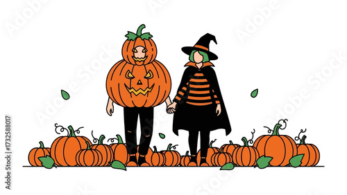 Halloween Characters amidst Pumpkins: Two costumed figures, one in a pumpkin costume and the other in a witch outfit, stand hand-in-hand surrounded by numerous pumpkins.