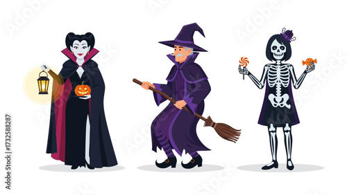 Halloween characters collection: A collection of three Halloween character illustrations, featuring a vampire, a witch, and a skeleton, ready to celebrate the festive spirit of spooky season. 