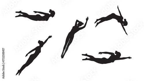 Set of swimming woman silhouettes various poses in black vector illustration isolated on white background