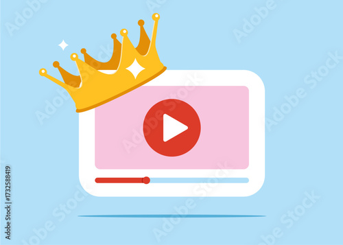 Video multimedia play button with a crown. Live streaming digital multimedia player, making money. Video Marketing. Social media live streaming. Vector flat illustration 