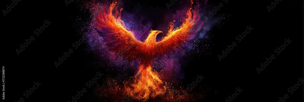 Fototapeta premium Fiery phoenix bird with spread wings on black background. Mythical creature rising from the ashes. Wide panoramic image