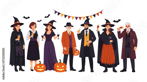 Halloween Gathering: A captivating collection of characters gathers for a bewitching Halloween party, adorned in elaborate costumes and festive spirit.
