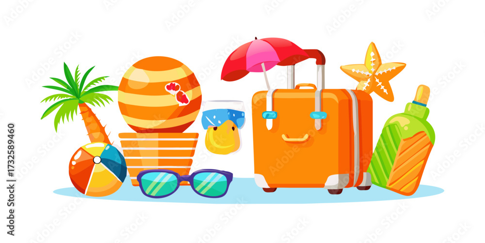 Naklejka premium Summer vacation icons set featuring bright orange suitcase with hat, pineapple wearing sunglasses, striped beach chair, colorful beach ball, fruity popsicle, shining sun symbol, and refreshing tropica