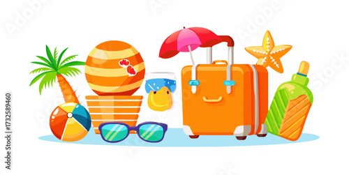 Summer vacation icons set featuring bright orange suitcase with hat, pineapple wearing sunglasses, striped beach chair, colorful beach ball, fruity popsicle, shining sun symbol, and refreshing tropica