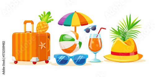 Summer vacation icons set featuring bright orange suitcase with hat, pineapple wearing sunglasses, striped beach chair, colorful beach ball, fruity popsicle, shining sun symbol, and refreshing tropica