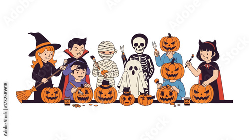 Halloween Group: A vibrant illustration showcases a group of costumed children, each embodying a classic Halloween persona. The cheerful scene bursts with festive pumpkins and symbols. 