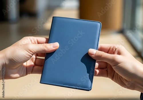 Hands presenting a sleek blue leather passport holder in bright sunlight