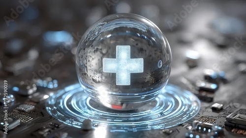 透明な球体を持つ青いプラス記号と回路基板の抽象的な表現