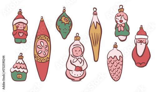 Set of retro Christmas tree baubles, contour flat vector illustration isolated on white. Cute hand drawn vintage Christmas decorations, toys. Colorful retro glass Christmas tree figurines, characters