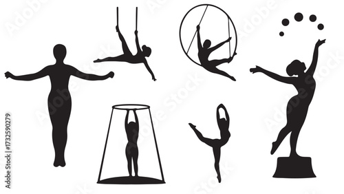 Set of silhouette circus performers vector illustration of acrobats and juggler isolated on white background